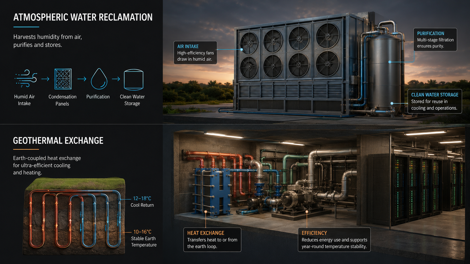 Atmospheric Water Reclamation and Geothermal Exchange systems — AWG condensation unit with multi-stage filtration and closed-loop ground heat exchange pipes, temperature-annotated. GPT-4o render, DragonWorx.