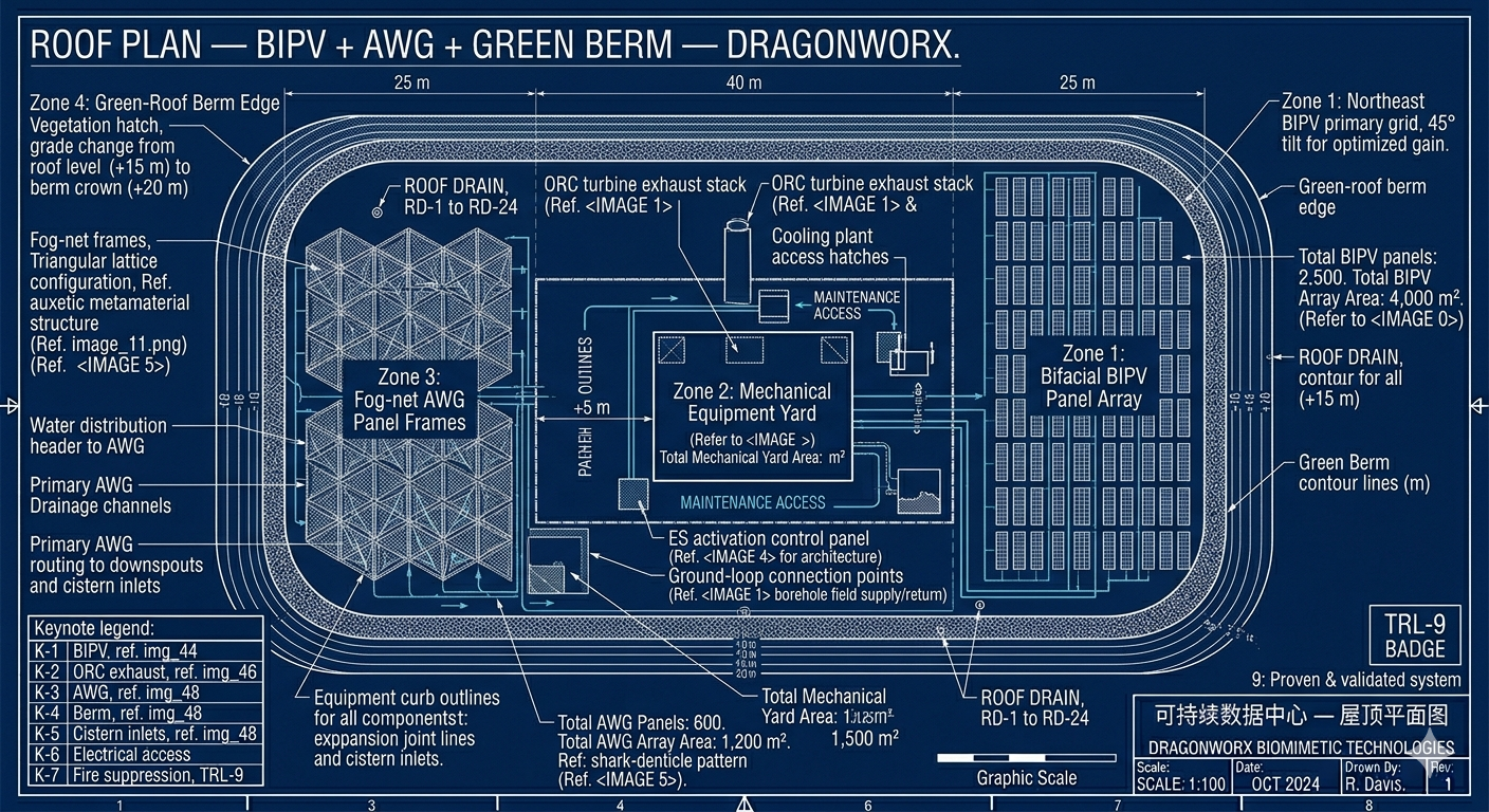 Roof Plan — BIPV + AWG + Green Berm — DragonWorx Sustainable Data Center: Zone 1 bifacial BIPV array northeast, Zone 2 mechanical equipment yard with ORC exhaust stacks, Zone 3 fog-net AWG panel frames in triangular lattice, Zone 4 green-roof berm perimeter with contour lines.