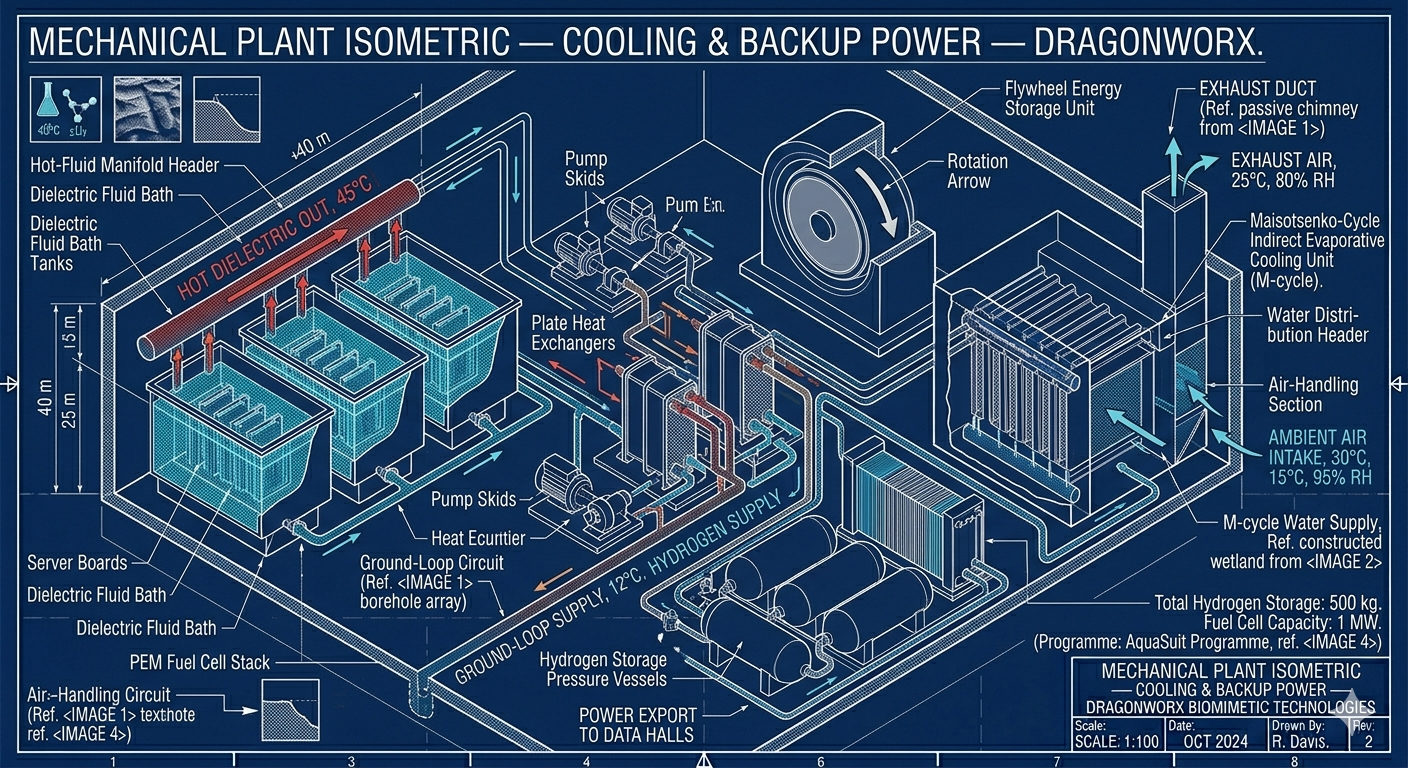 Mechanical Plant Isometric — Cooling and Backup Power — DragonWorx: dielectric fluid bath tanks with server boards, hot-fluid manifold header at 45°C, plate heat exchangers, ground-loop circuit pump skids, Maisotsenko-cycle indirect evaporative cooling unit, flywheel energy storage drum, hydrogen pressure vessels, PEM fuel cell stack.
