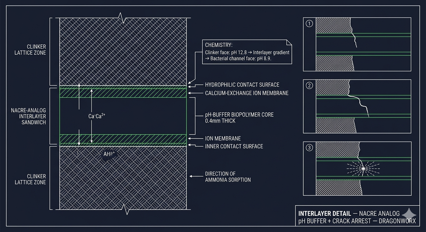 Interlayer Detail — Nacre Analog pH Buffer and Crack Arrest