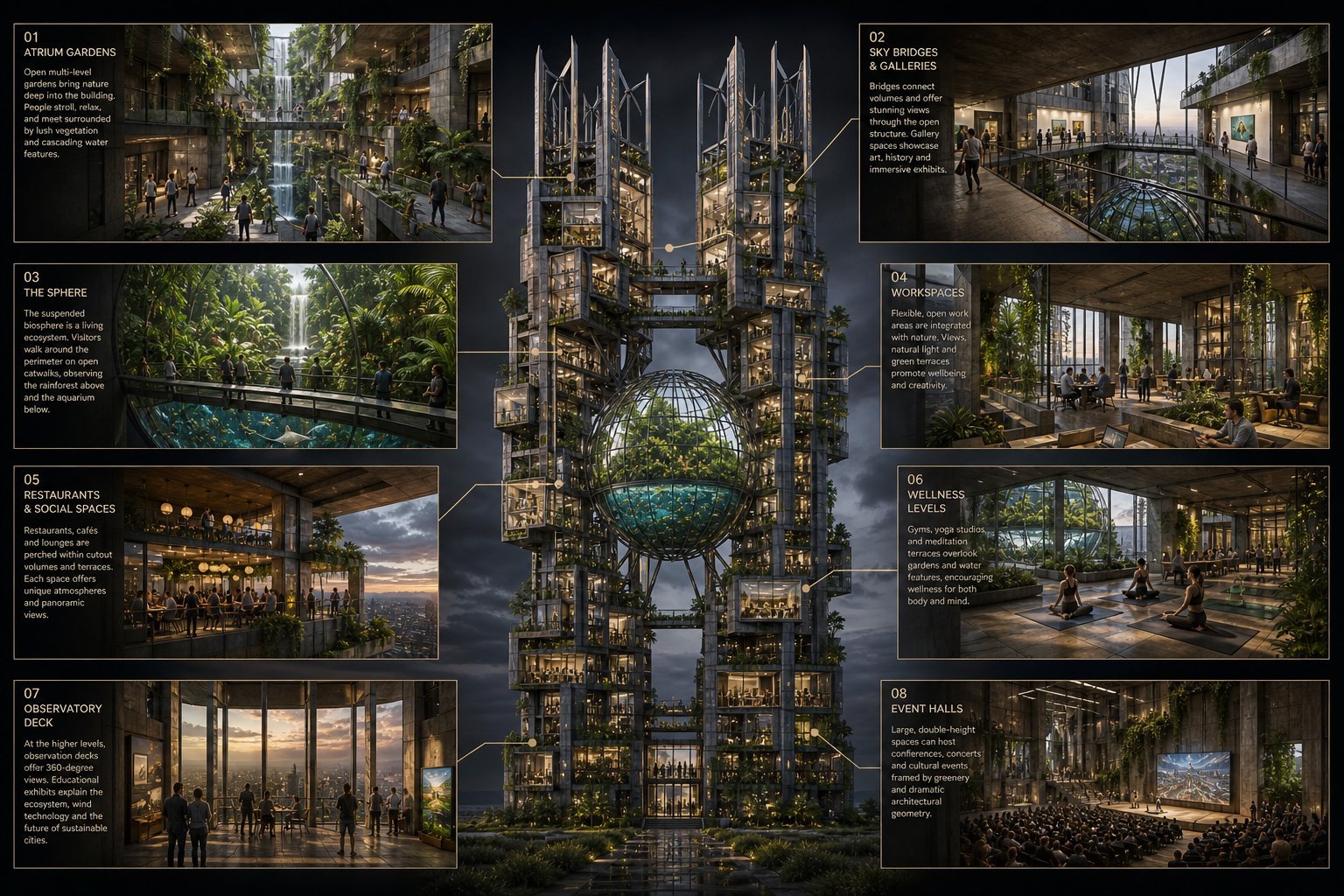 Verdant Tower program diagram — eight annotated zones
